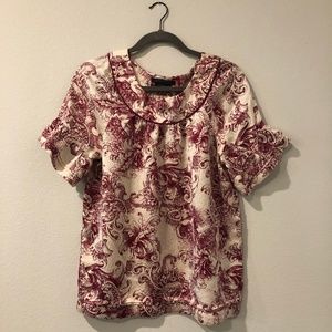 BCBGMaxAzria Cream and Red Floral 100% Silk Blouse